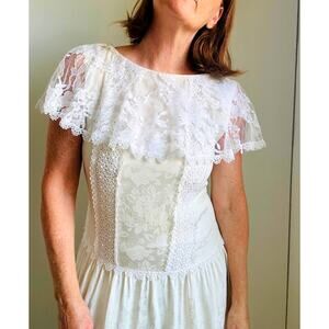 VTG 80s Jessica McClintock Silk Dress Cream White Lace Modern SZ 6-8 Coquette
